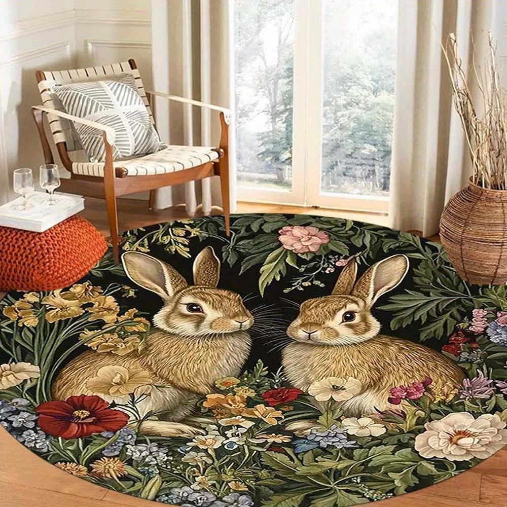 Easter Retro Floral Rabbit Pattern Round Area Rug Bedroom Living Room Garden Decor Living Room Carpet Decorative Floor Mat