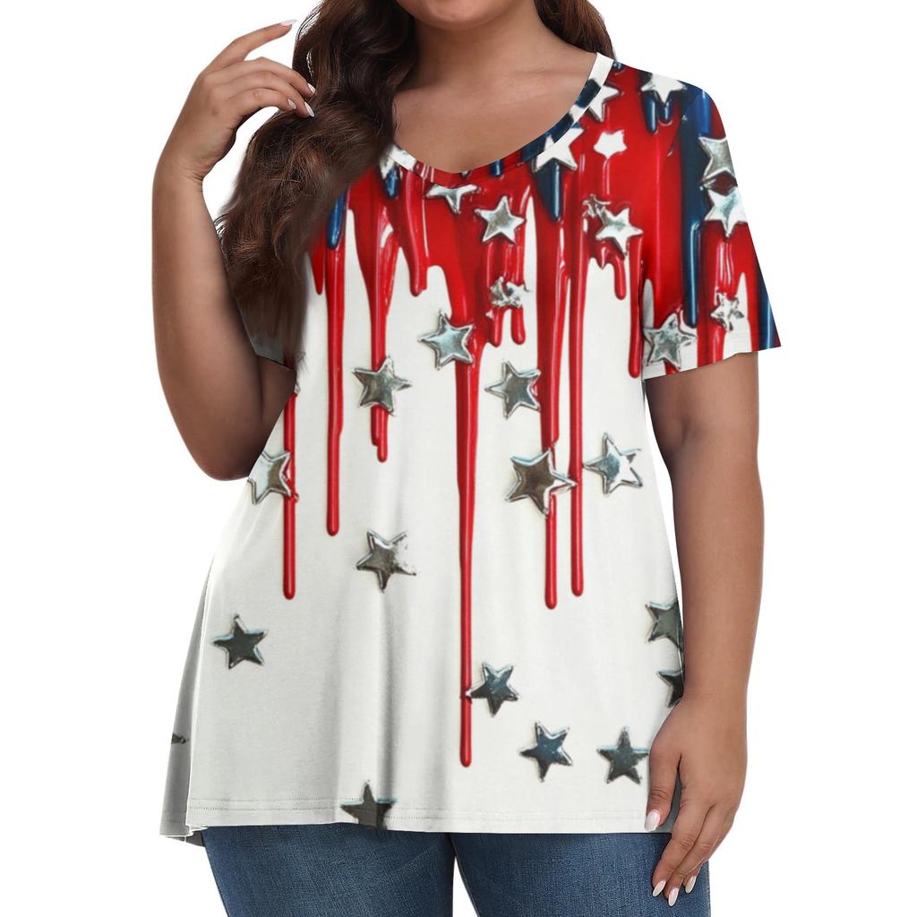 Women's Fashion Casual V-Neck Pullover Short Sleeve Large Size Independence Day Printed T-Shirt Top