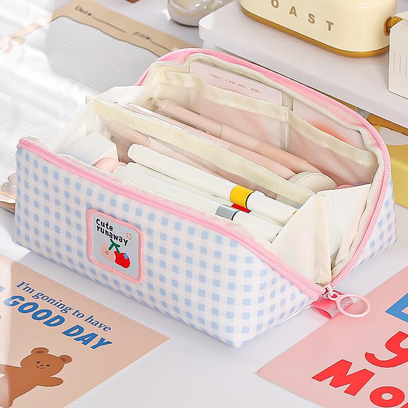 Plaid & Prism Square Pencil Case Pen Bag Cute Dog Korean Style Lattice Multi Pocket Storage Pouch for Stationery