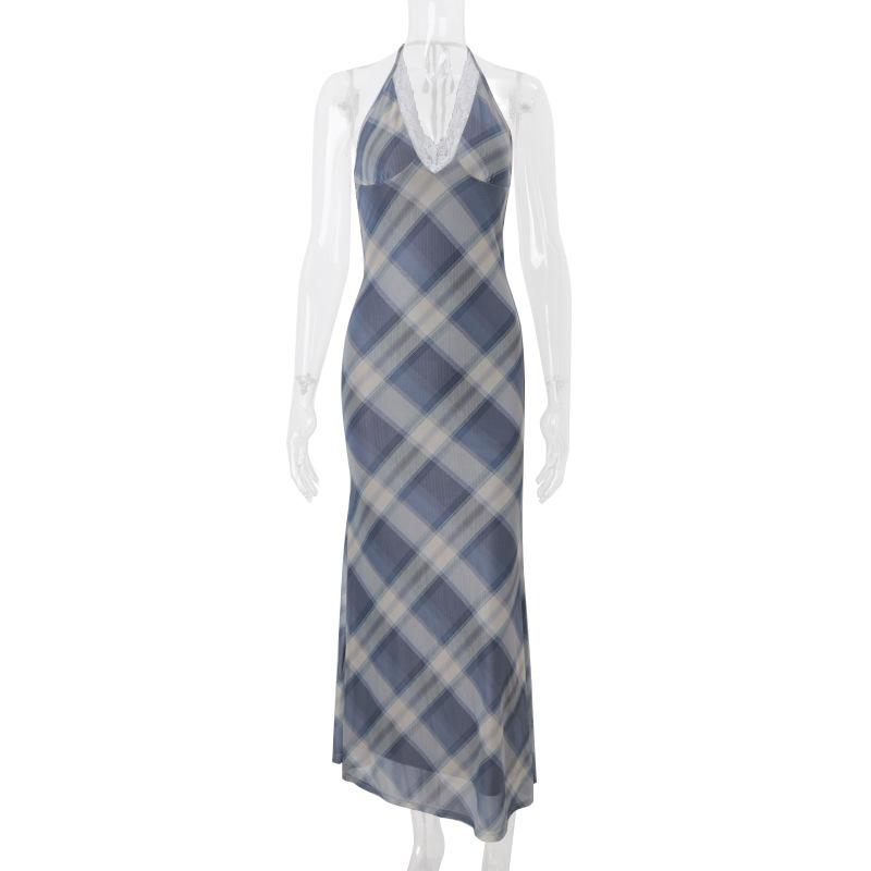 

Женское летнее новое сексуальное платье с V-образным вырезом, кружевом, клеткой, милое, в стиле ретро, облегающее L синий