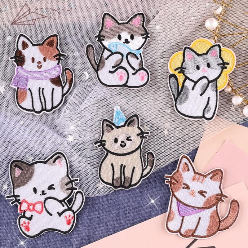 6 Pcs Lovely Animal Repair Patches Iron On Embroidered Patches Cartoon Cats Sew On Decorative Appliques for Clothes Hat