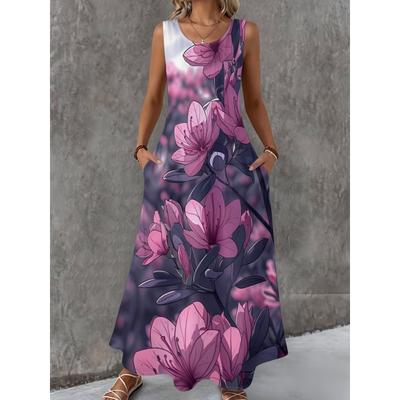 Women Sleeveless Dress Round Neck with 3D Print Long Maxi Dress for Summer Beach Vacation Casual Wear