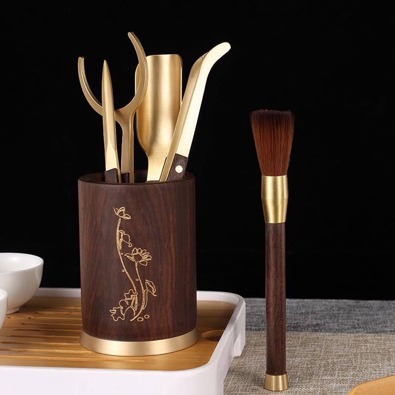 Wooden Tea Tools Set With Brass Accents Chinese Gongfu Accessories Puer Ceremony
