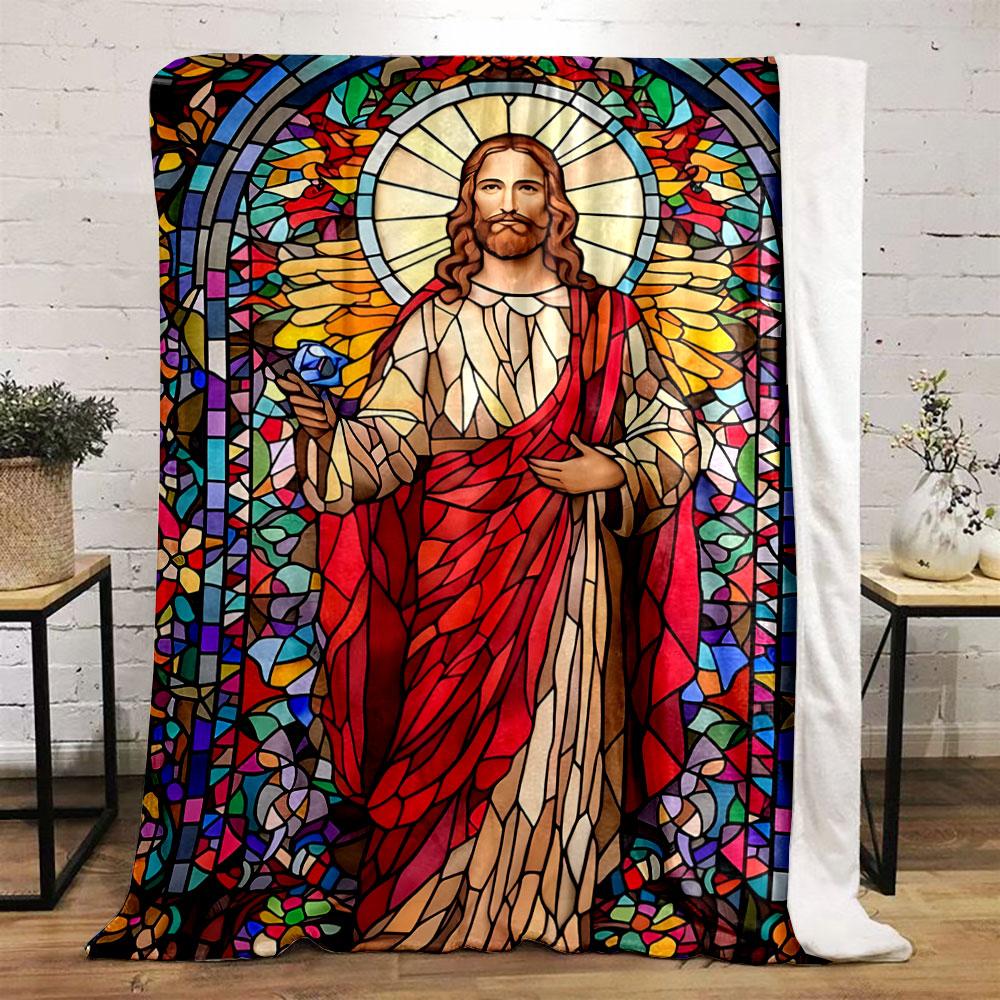 Jesus Stained Glass Pattern Blanket bedroom Blanket for Livingroom Couch lunch break Soft throw for Friend's festival Gift