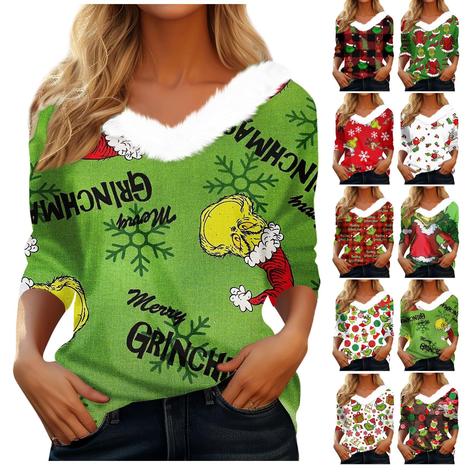 

Женская футболка, рождественская рубашка с длинным рукавом, вечерние, рождественский флисовый воротник, топ с v-образным вырезом