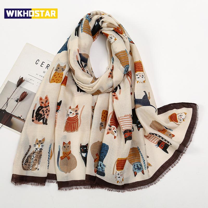 Sciarpe da Donna con Frange Stampate Gatto Moda Cotone Viscosa Sciarpa da Viaggio Protezione Solare Sciarpa Stampata Animale 180*85cm
