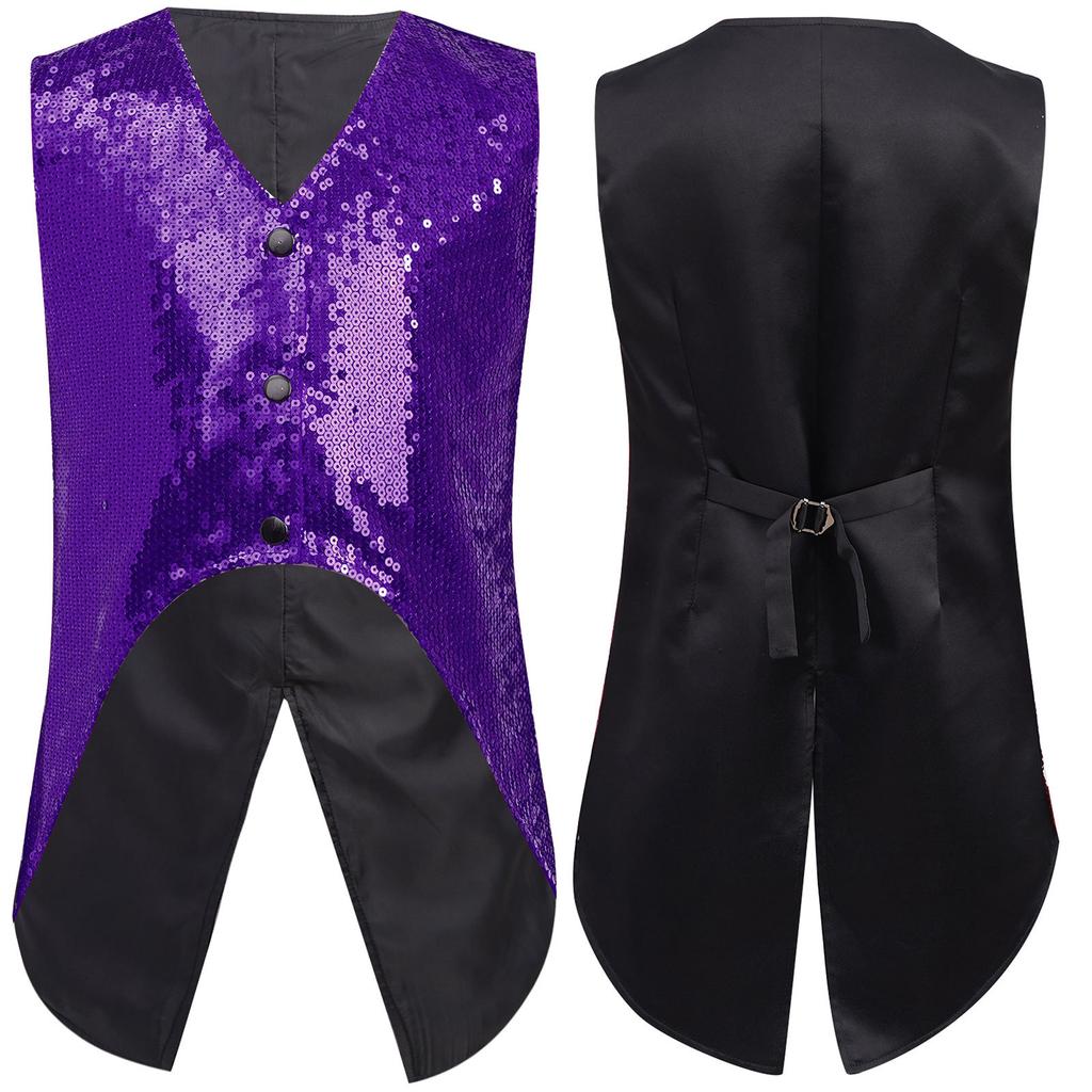 Boys Sparkly Sequin Vest Asymmetrical Hem Sleeveless Design for Parties Stage Events