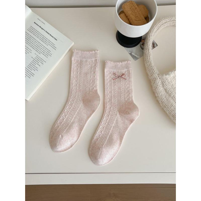 Autumn Socks, Bow Embroidery, Solid Color Lace, Pile Socks, Cotton Mid-calf Socks for Women