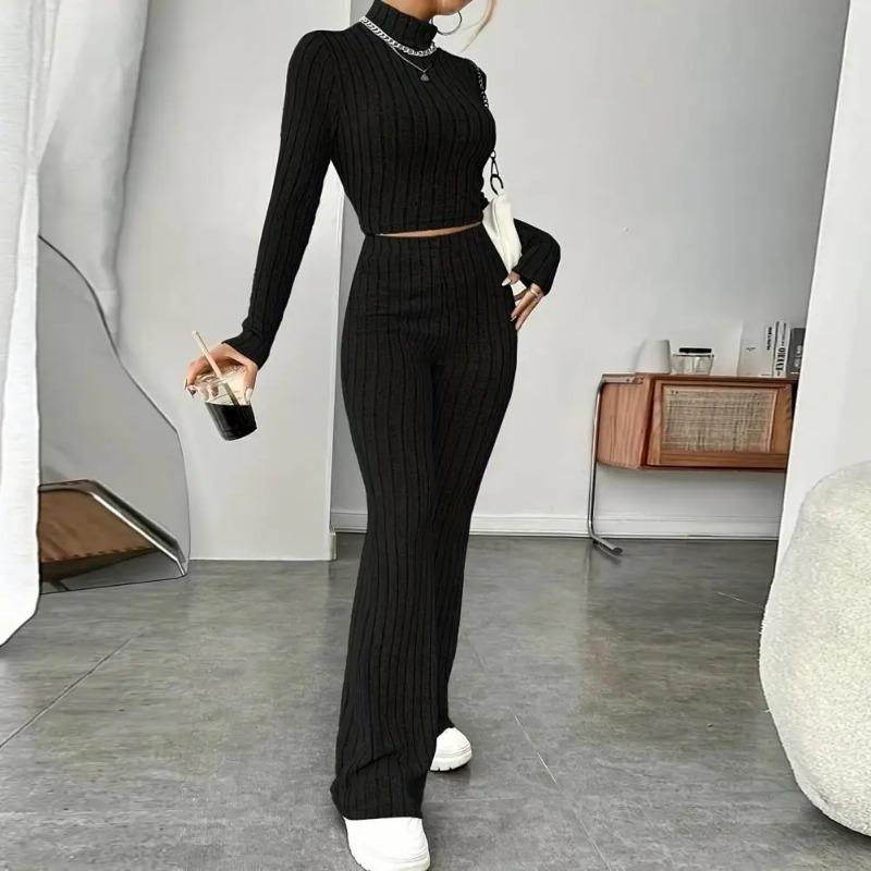 Costume tricoté de style occidental pour femmes, nouveaux pulls noirs fendus coréens, pantalons à jambes larges, ensembles décontractés en deux pièces pour dames