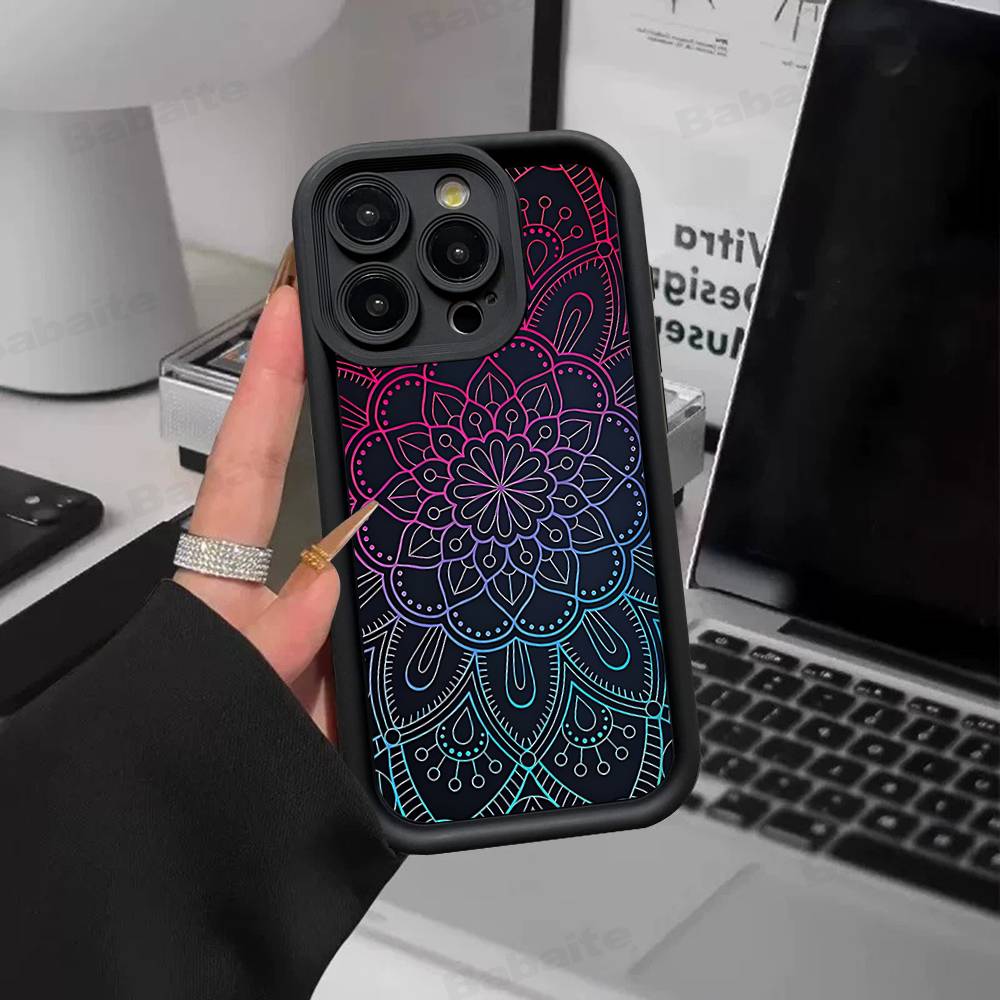 Indian Pattern Mandala Silicone Soft Phone Case For IPhone 17 16 15 14 Plus 13 12 Mini 11 Black Cover