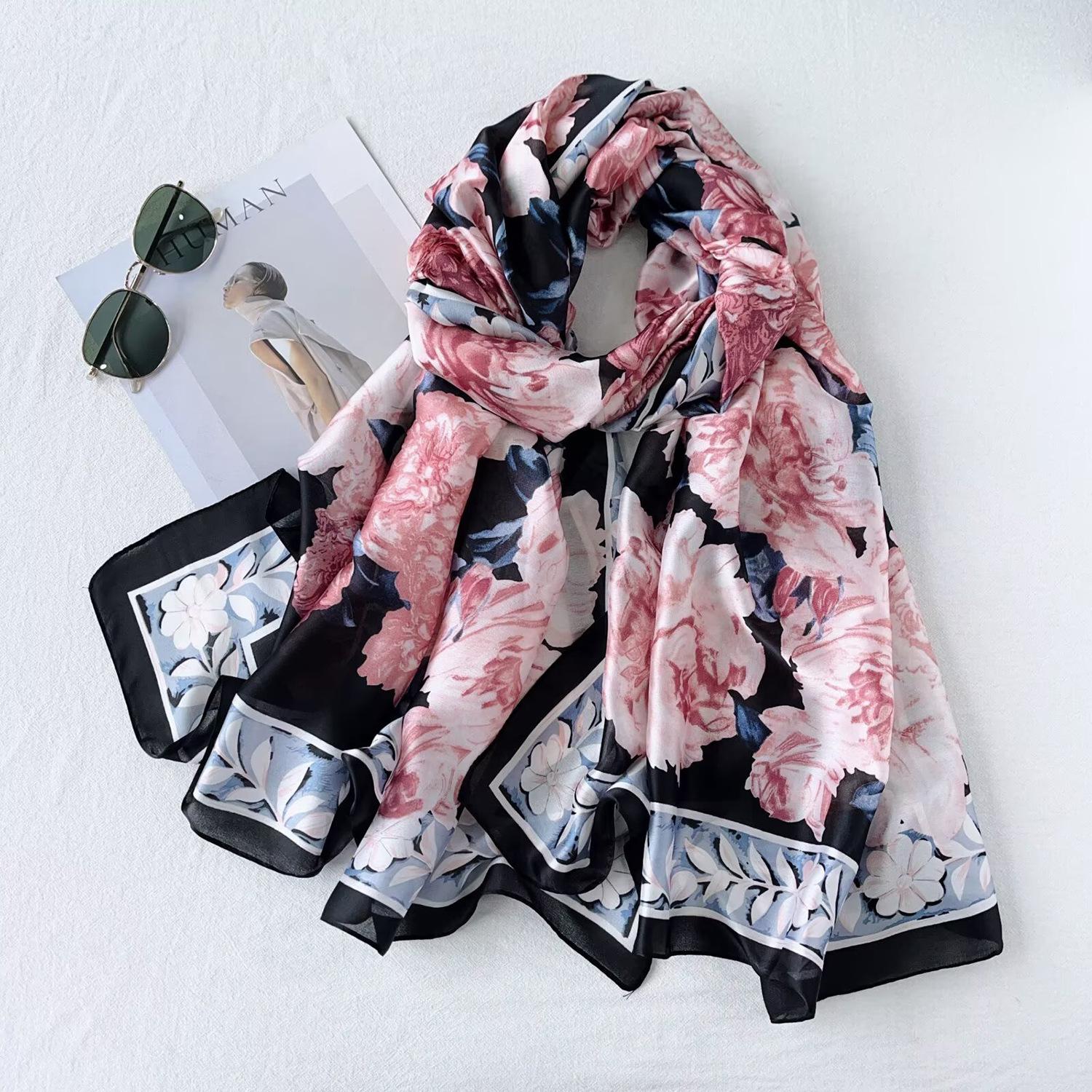 Fashion rose print medium and long shawl women s 2026 new silky new silk satin silk scarf vacation long scarf shawl 185*80cm