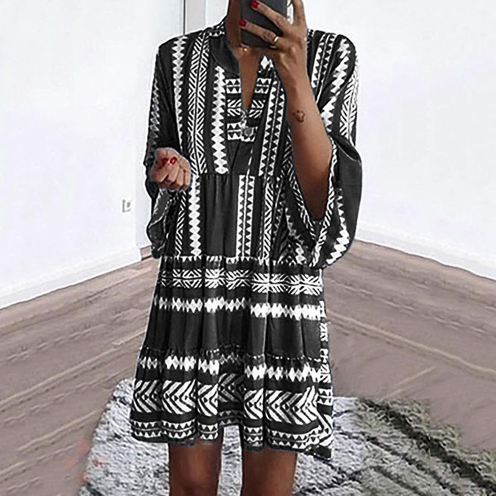 

Women Long Sleeve Boho Retro Graphic Printed Loose Dress V-neck Dress L чорний