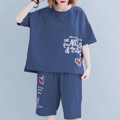 Spring Summer Women's Plus Size Casual Two-Piece Set with Heart Motif - Short-Sleeve T-Shirt and Shorts