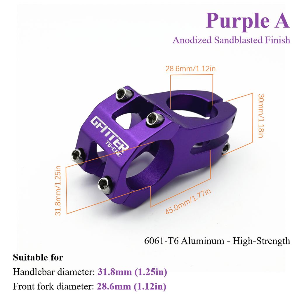 1pc Purple 31.8×28.6mm Aluminum Alloy Bike Stem for MTB/BMX/DH/Trail Riding etc. Anodized, Available in Sandblasted & Glossy