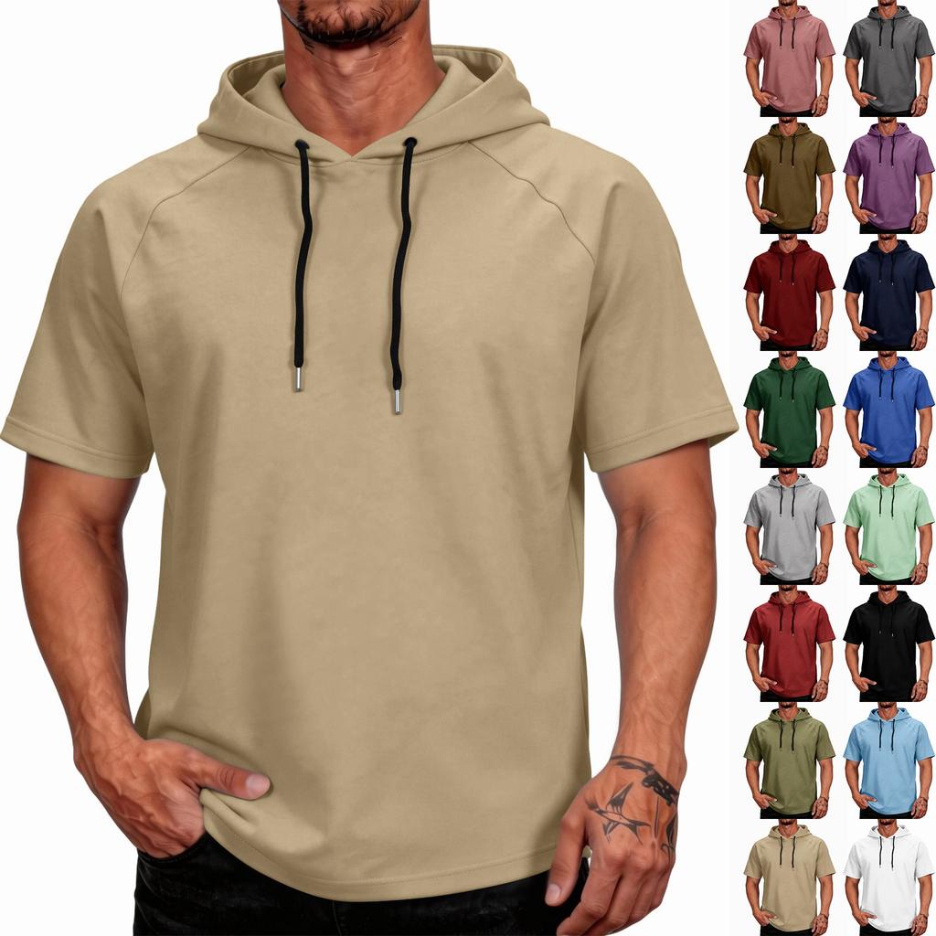 Sudadera con capucha de manga raglán de manga corta para hombre, jersey casual, tejido ligero y transpirable, con capucha y cordón, top para deportes al aire libre