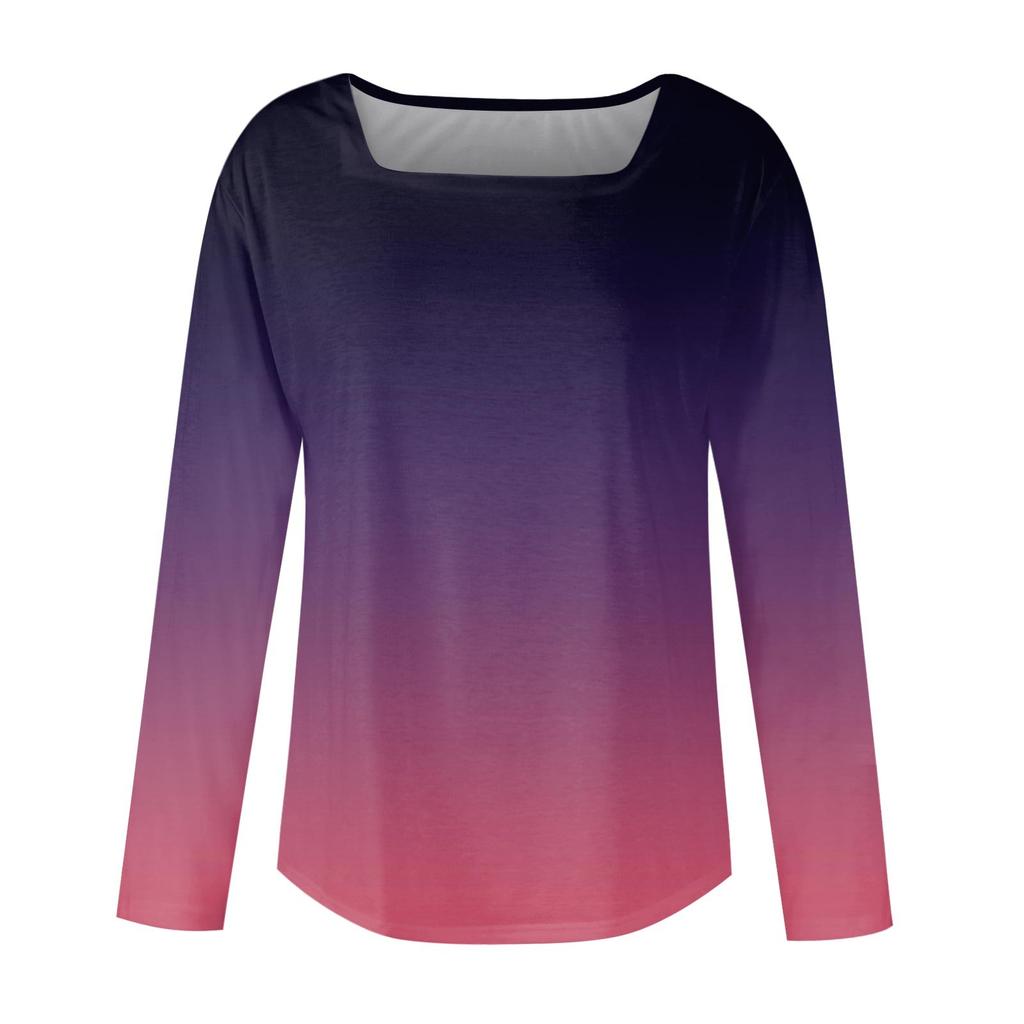 Damen T-Shirt mit Rundhalsausschnitt, modischer Taille und Farbverlauf-Print, langärmelig