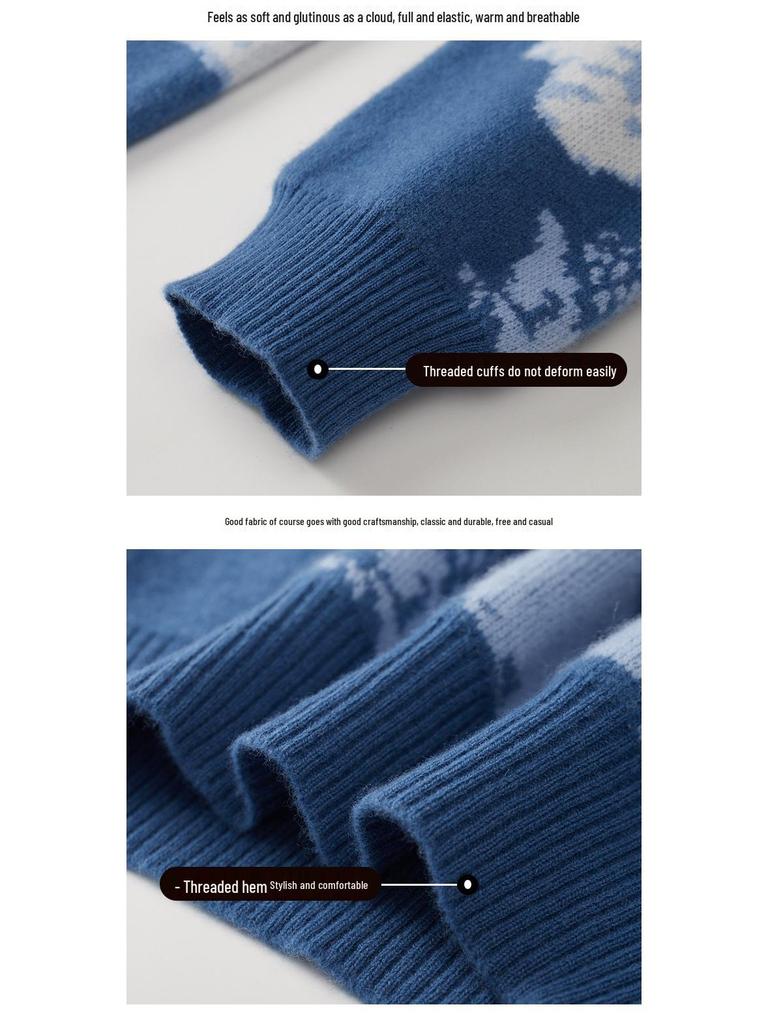 Men's High-End Pure Wool Patchwork Sweater - Winter Round Neck Cashmere Knit, New Style Base Layer