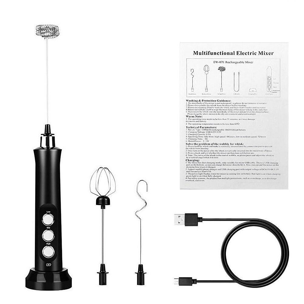 Rechargeable Handheld 3 In 1 Electric Milk Frother High Speed Foamer Coffee Drink Mixer чёрный