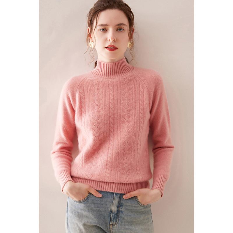 Women's 100% Wool Jacquard Sweater, Half-High Neck, Loose Knit Pullover for Autumn/Winter