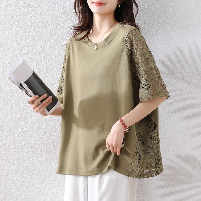 DIMANAF 2025 Letní Nadměrné Velikosti Topy Bavlna O-Výstřih Krajkové Tričko Ženy Jednobarevné Krátký Rukáv Volná Trička