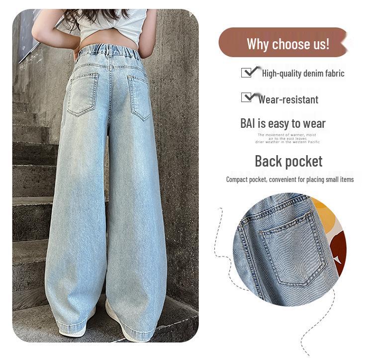 Girls' Trendy Spring 2025 Loose Wide-Leg Jeans - Casual, Straight-Leg Style for Middle and Big Kids