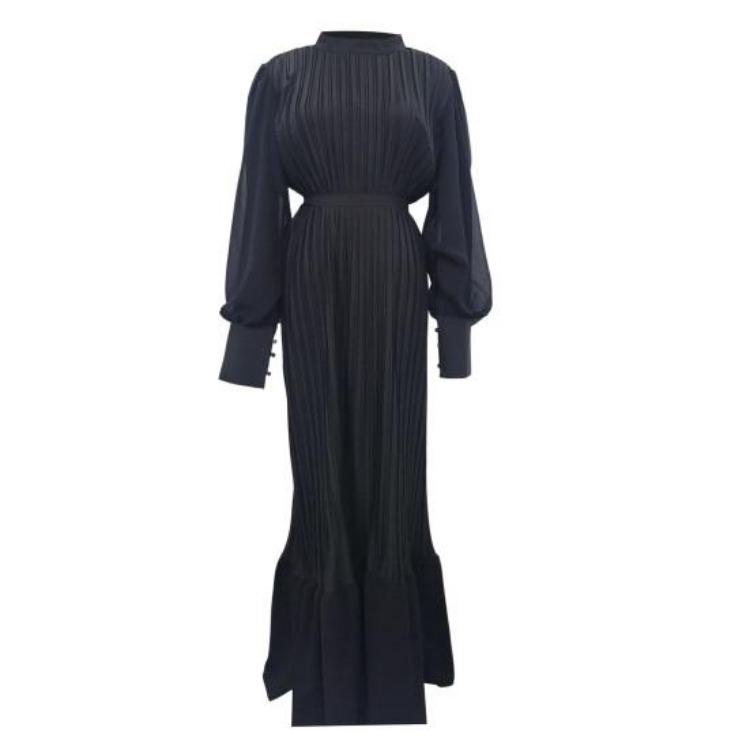 A-Line Evening Dress for Women with Pleated See-through Mesh Lantern Sleeves Stand Collar Tight Waist Ruffle Patchwork Long Maxi Dress