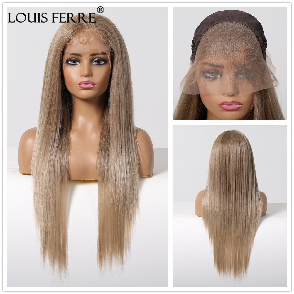LOUIS FERRE 13x6 Lace Wig Long Straight Light Blonde Wigs with Dark Root for Women Daily Party Cosplay Wedding High Density