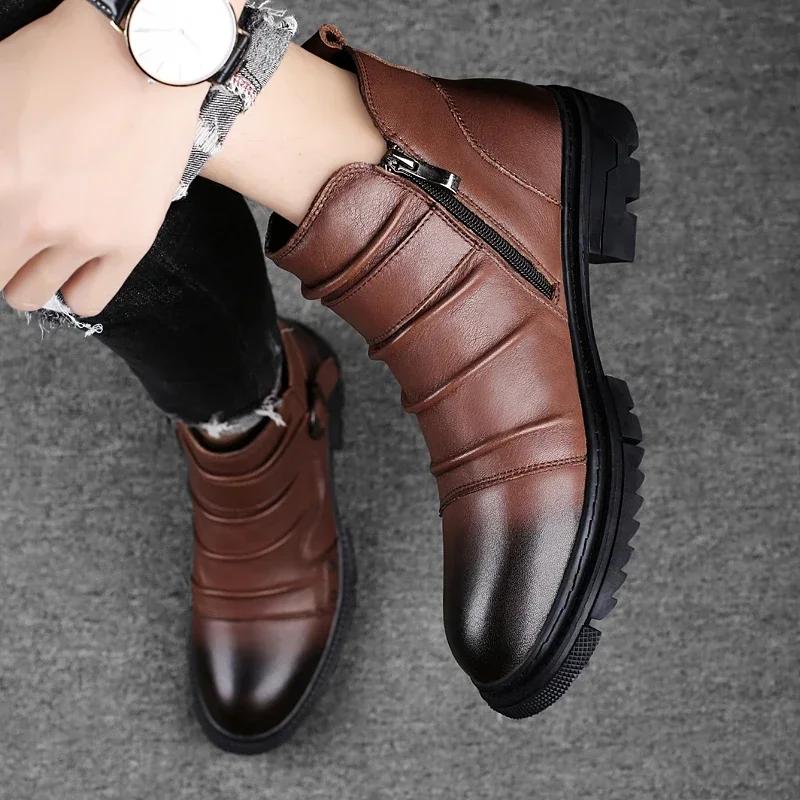 Italská vysoká kvalita Módní pánské boty z pravé kůže Módní ležérní ploché designové outdoorové polokozačky Chelsea s kulatou špičkou pro muže