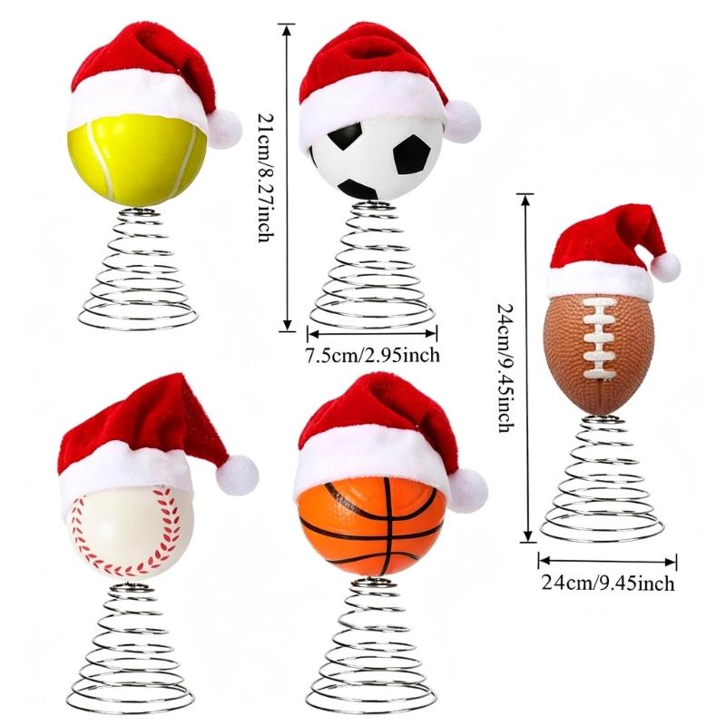 Sports Ball Christmas Tree Top Ornament, Spring Mounted Santa Hat Style for Indoor Holiday Party Tabletop Shelf Display