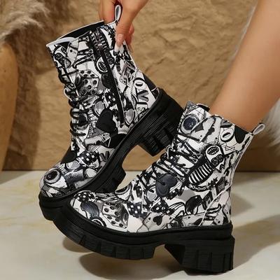 Fashion Female Shoes On Sale 2024 New Trendy Hand-painted Graffiti Women's Punk Boots Non-slip Thick Sole Winter Platform Boots Zapatos