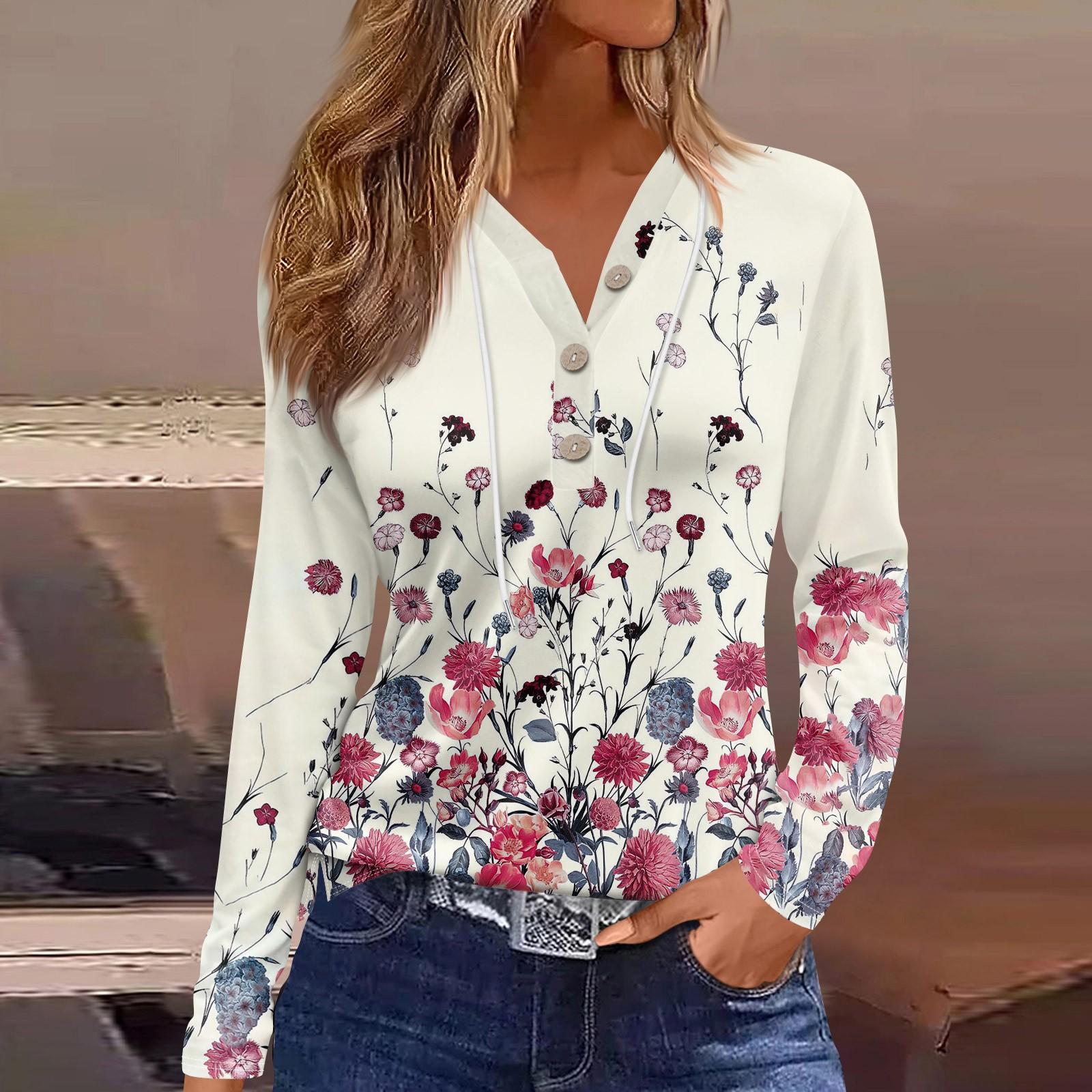 

Жен. Футболка Футболка Пуговицы Цветочный принт Длинный рукав Повседневные Выходные Мода Классический Классический V-образный вырез Обычный Топ XXXL розовый