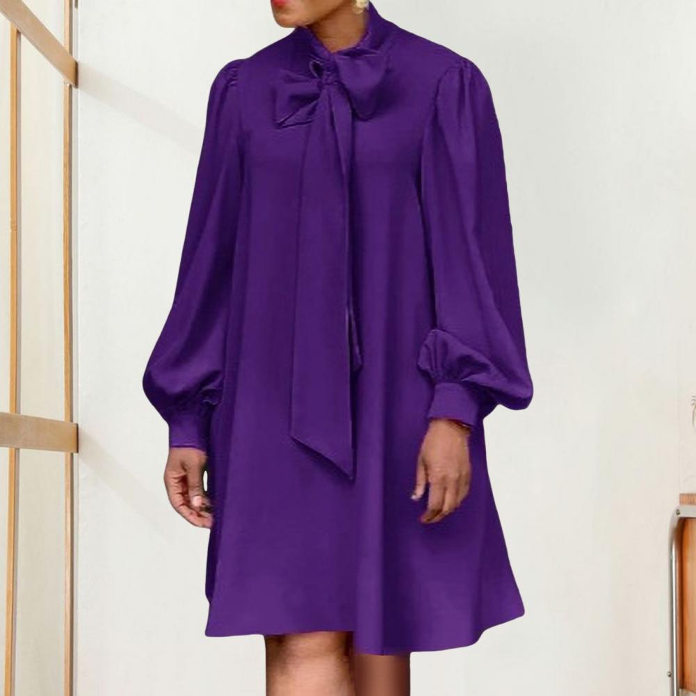 Damen Lockeres Kleid Schnürung Schleife am Hals Lange Laternenärmel Einfarbig Knielang Formell OL Pendler Midi-Kleid