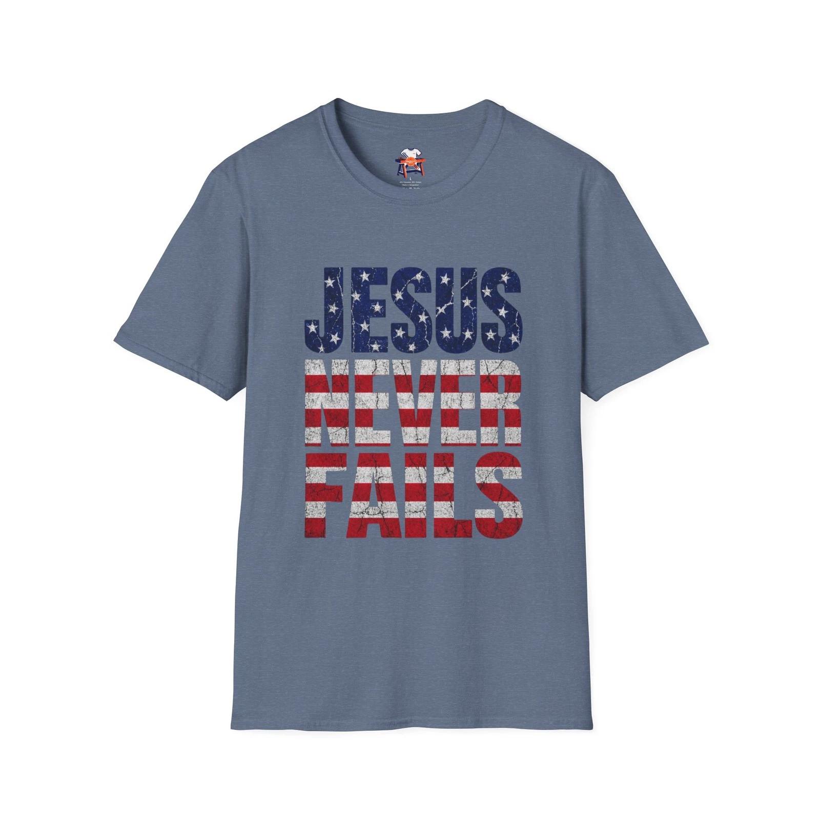 Jesus Never Fails T-Shirt | American Flag Christian Tee 3XL