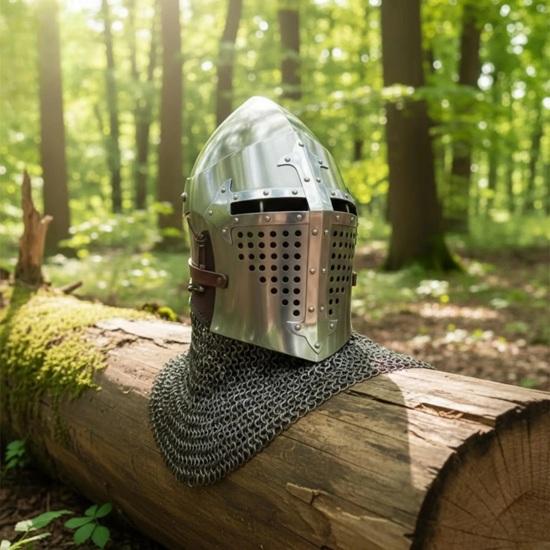 Medieval Bascinet Helmet Brass Cross, 18GA Steel Crusader Knight Helmet with Chainmail Aventail for LARP SCA Reenactment