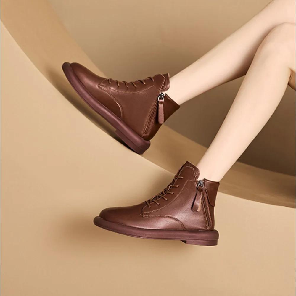 Fashion Flat Bottomed Boots for Women Autumn and Winter Washed Retro Casual Women Boots with Double-sided Zippers Womens Flats Shoes