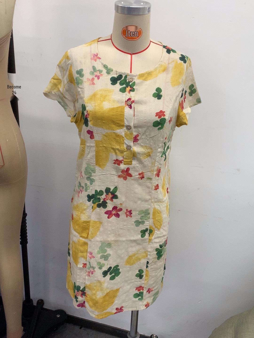 2026 New Cross-border Women s Elegant Floral Print Short Sleeve Dress Large жёлтый