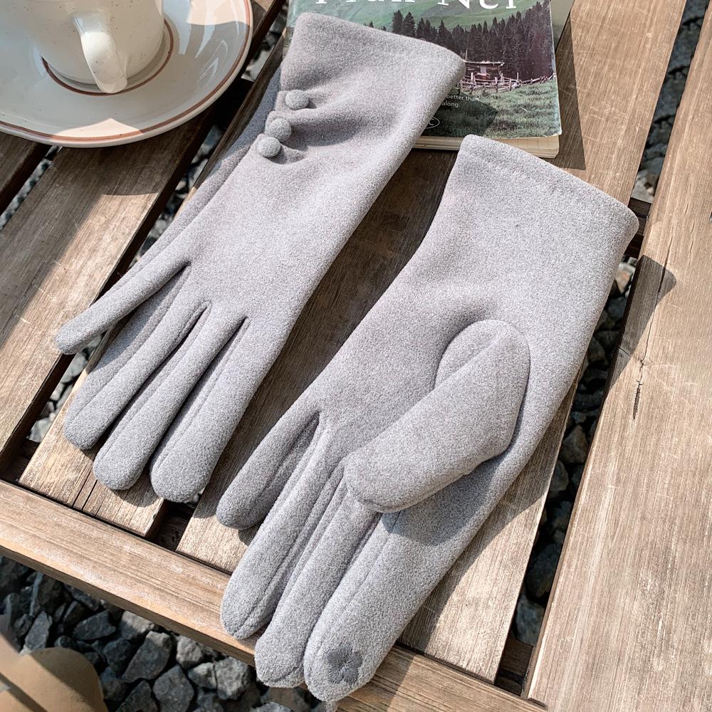 Autumn & Winter Velvet-Lined Solid Color Cycling Gloves with Button Design