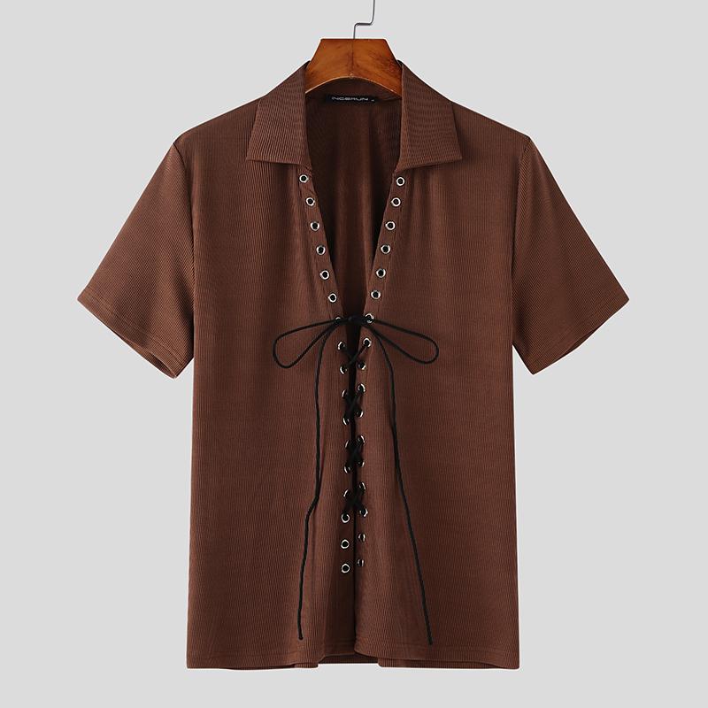 

INCERUN Summer Men Deep V Neck Short Sleeve Lace-up Rib Casual Slim T-shirts 2XL коричневый