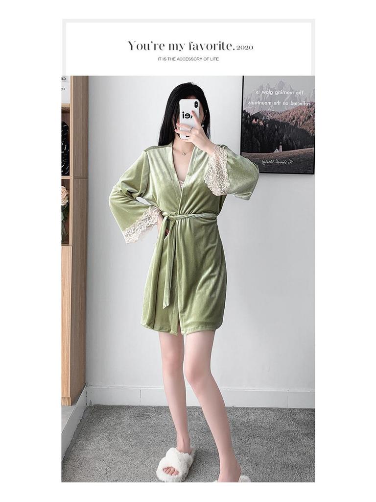 Autumn & Winter Sexy Gold Velvet Pajamas - Women's Lace Camisole Nightdress