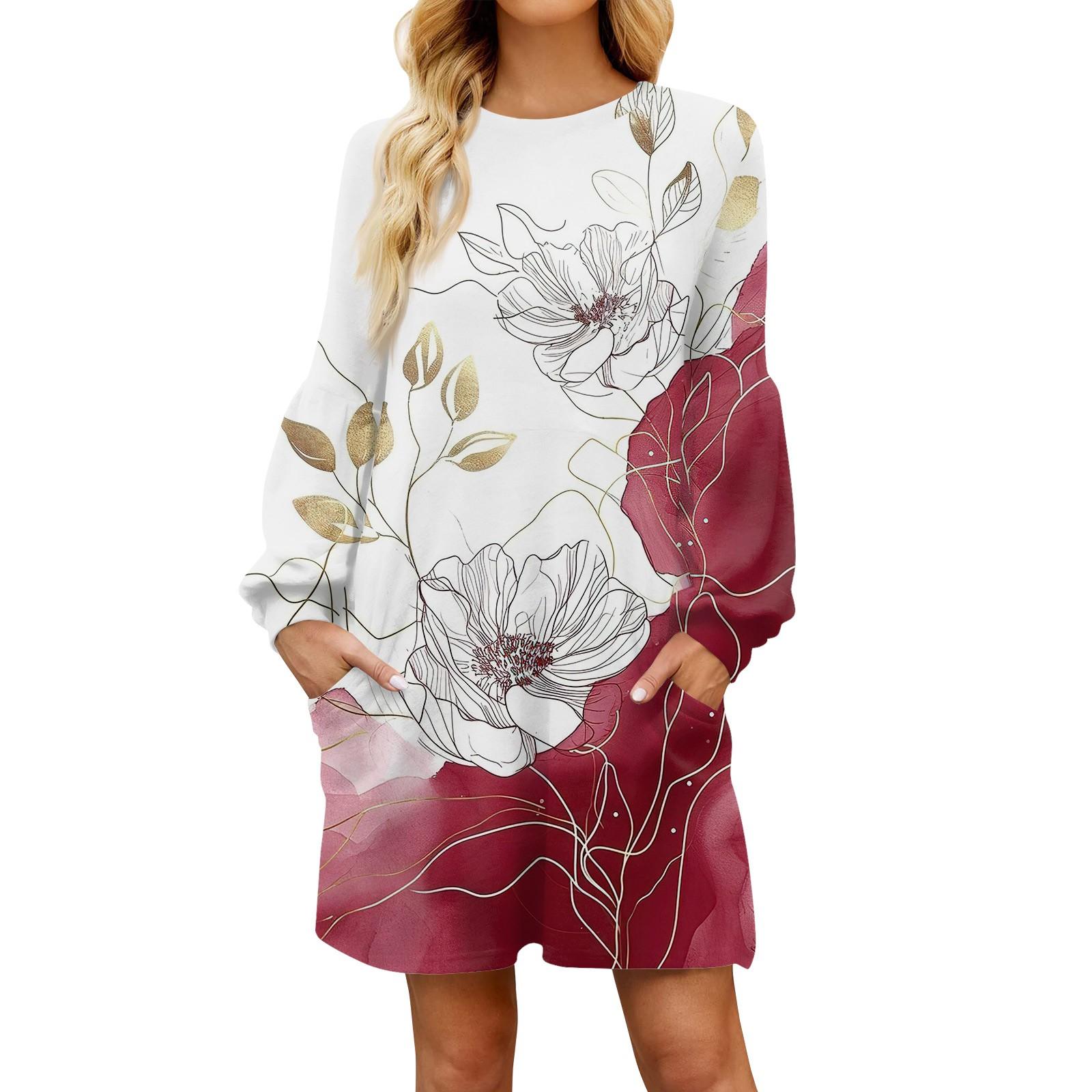 

Модное женское осеннее повседневное свободное платье с цветочным принтом и длинным рукавом L красный