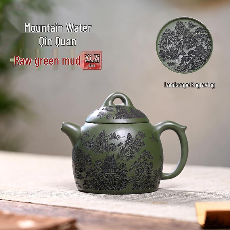 Handmade Yixing Zisha Teapot: Original Green Clay with Carved Landscape Design for Tea Brewing. Gift Box