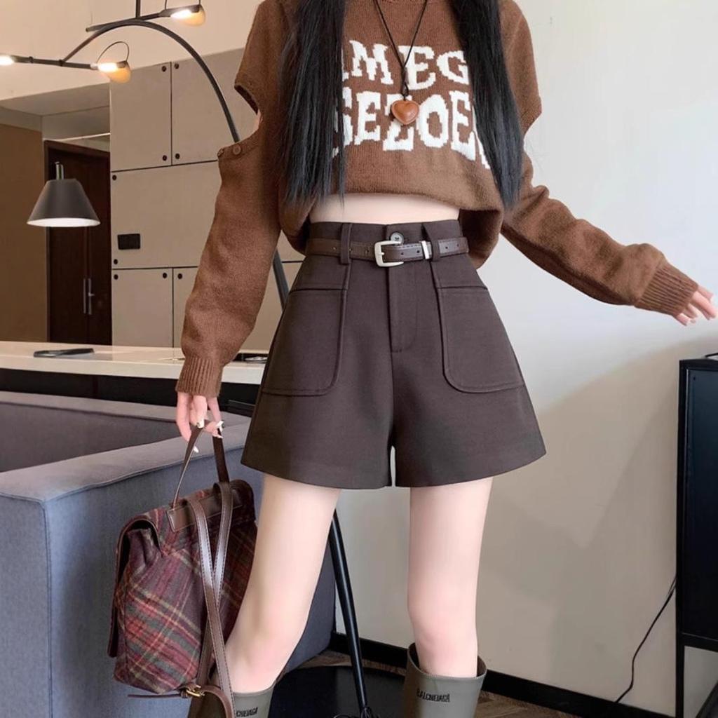 Women's High-Waist Woolen Shorts: Slimming, Casual Wide-Leg Bootcut Pants for Autumn/Winter 2024 In Small Sizes.