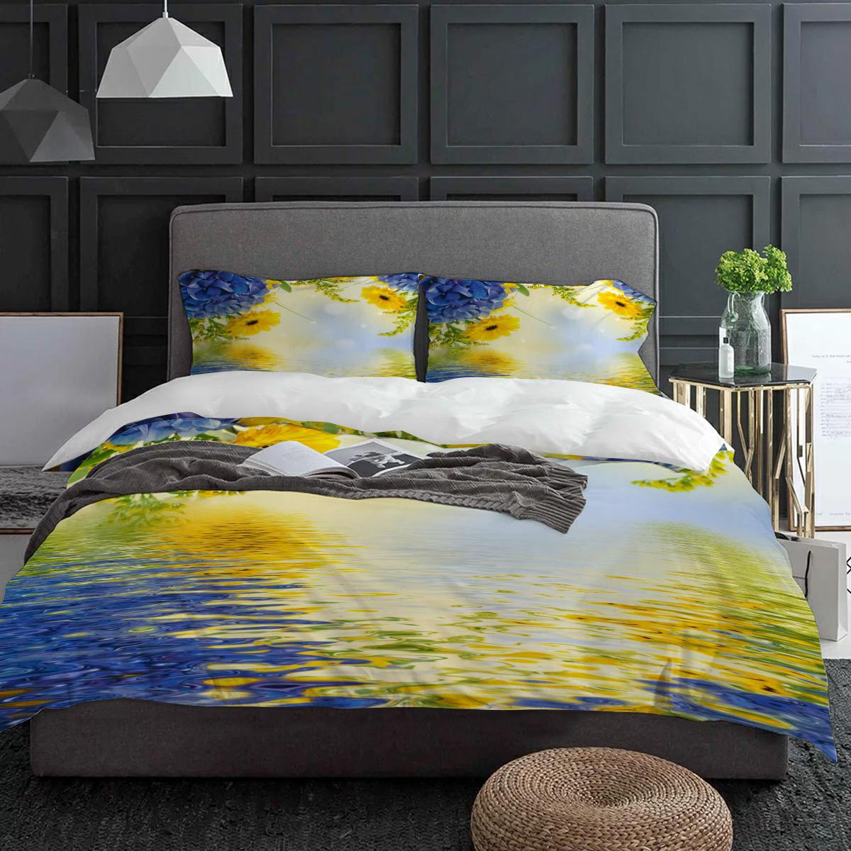 

Blue Hydrangea Flowers Chrysanthemum Ripple Bedding Set 3pcs Duvet Cover Pillowcase Quilt Cover Double Bed Set Home Textile (135x200cm)