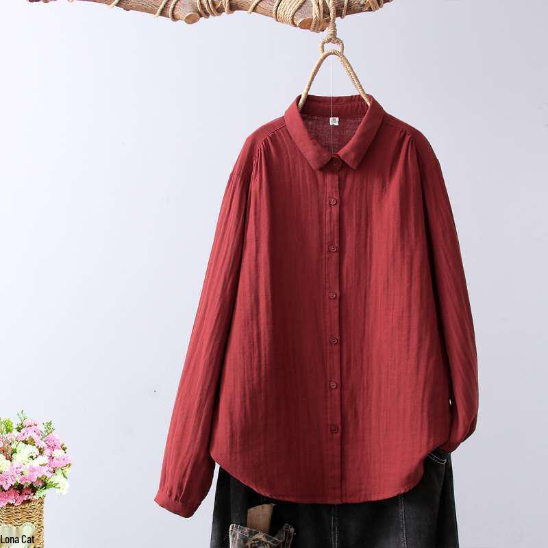Women's Soft Cotton Double Layer Gauze Long Sleeve Shirt, Versatile with Pointed Collar