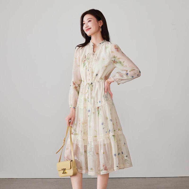 SOFSIL 2026 Spring V-Neck Print Long Sleeve Tie-Waist Dress