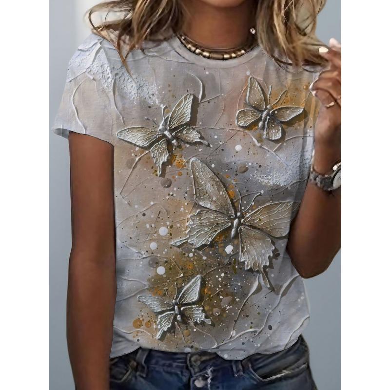 

3D Fashion Butterfly Pattern T-shirt, Spring and Summer Casual Short-sleeved Tops, Women s Clothing S
