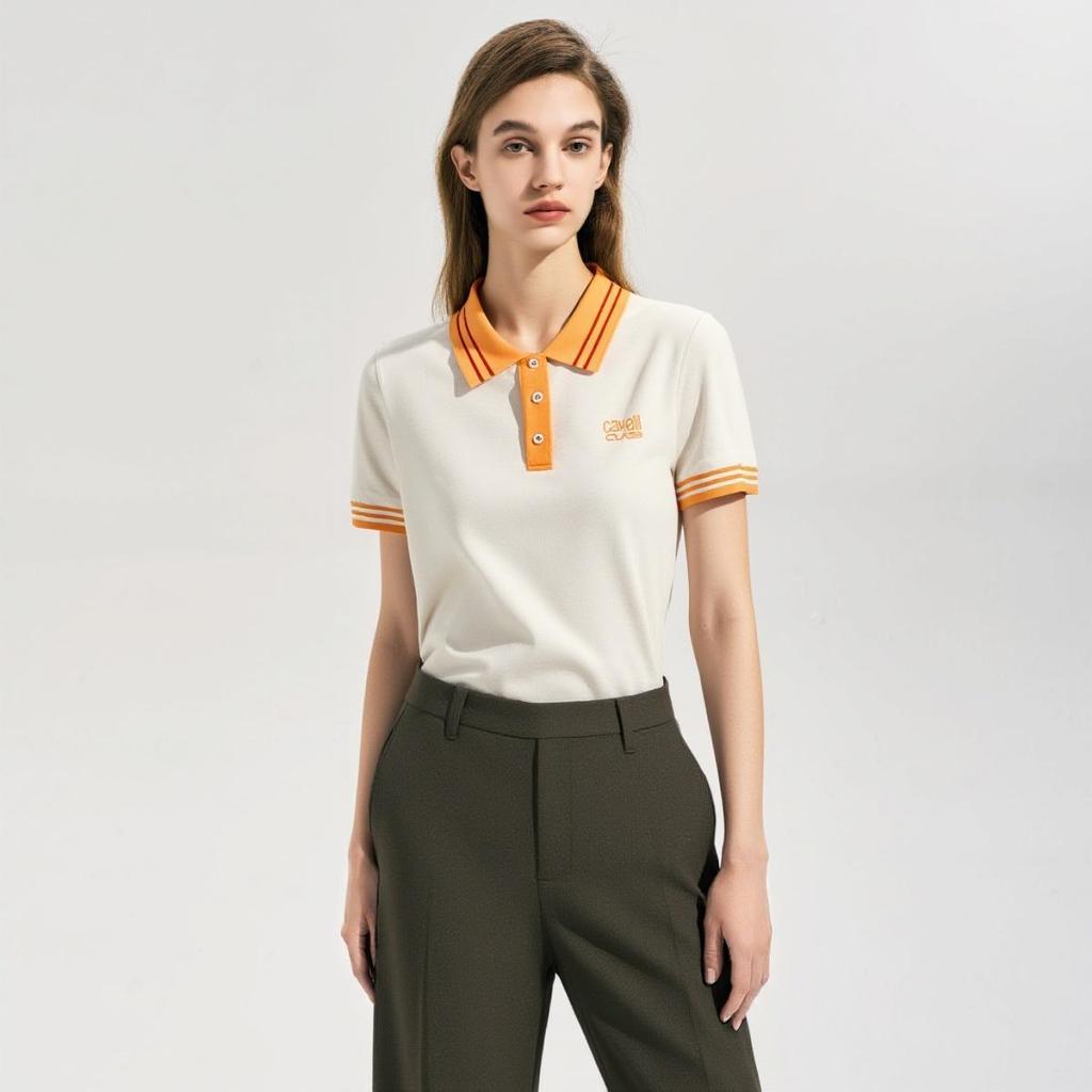 [Collar Contrast Letter Logo] Spring and Summer Comfortable Women's Solid Color Short Sleeved Polo Shirt