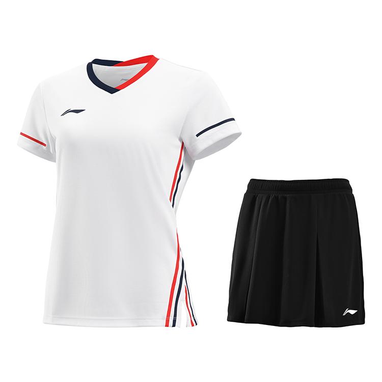 Li Ning Badminton Series Dry Simple Comfortable Geometric Line V-Neck Competition T-Shirt Loose Pants Skirt Casual Set Women Sets AATV068-1
