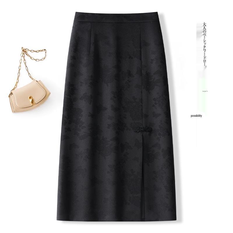 2026 New Chinese Style Embroidered Slit Midi Skirt for Women - Slimming, Hip-Hugging, Ideal for Spring and Autumn