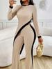 New Summer Women's Fashion Color Block Long Sleeve Side Slit T-Shirt + Patchwork Pants Set